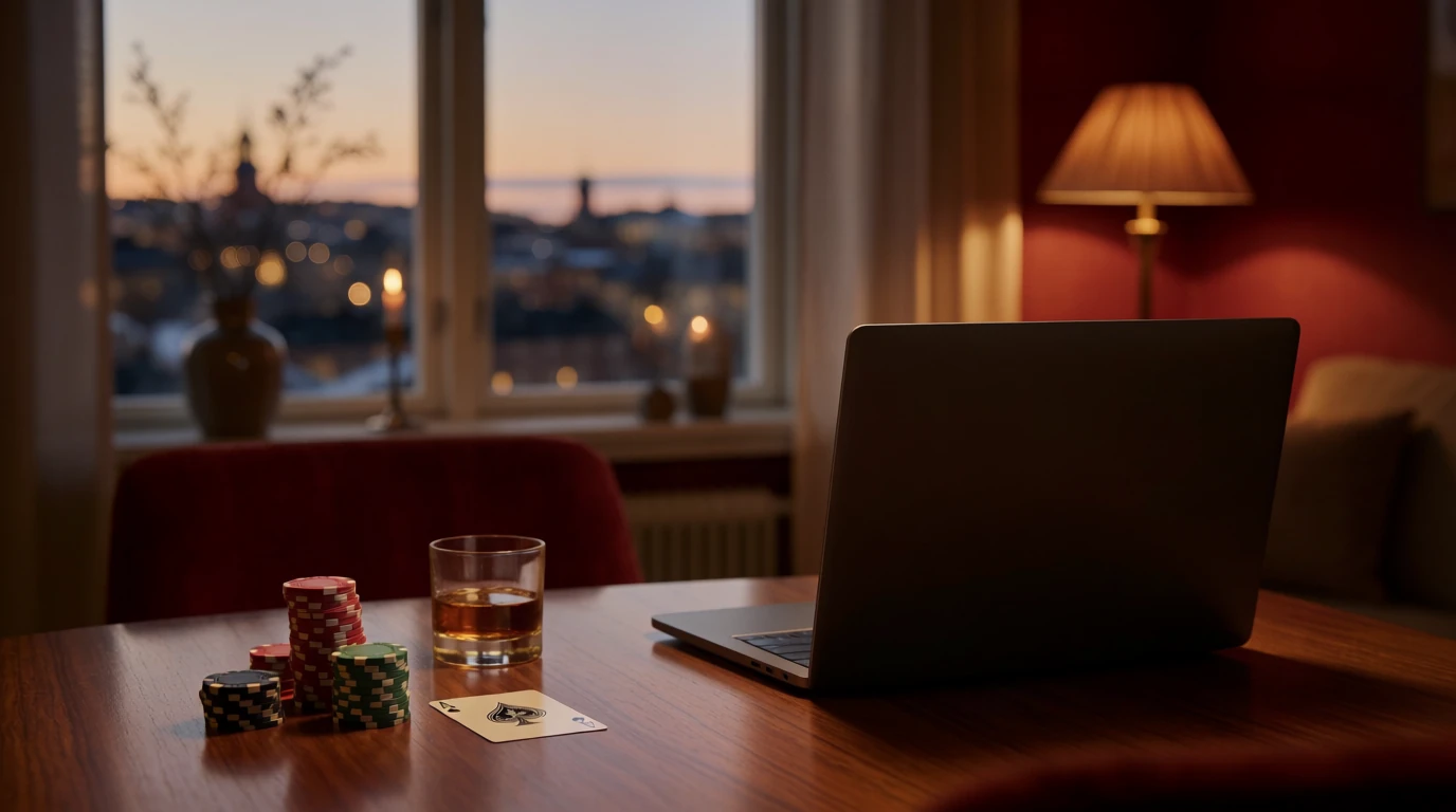 Casinochips, spelkort och laptop på ett bord i svensk lägenhet