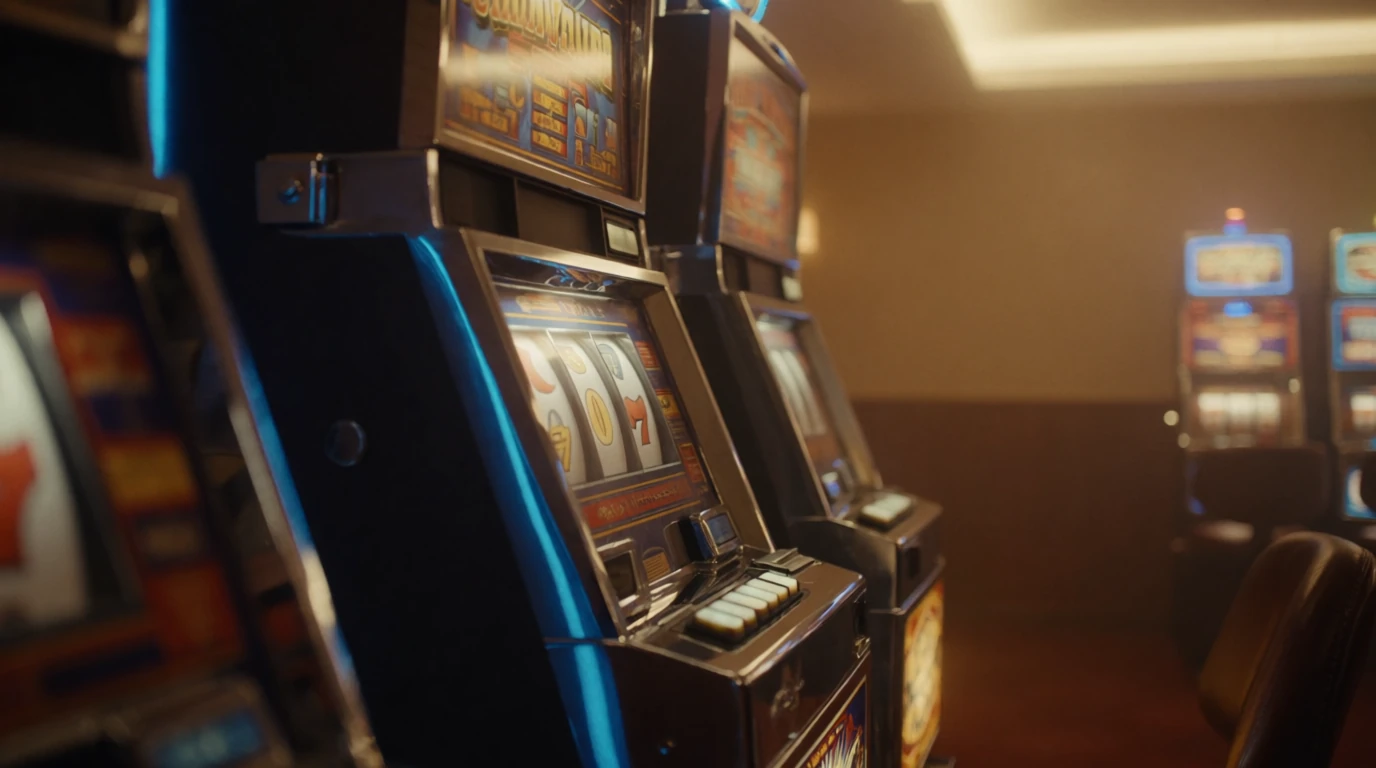 Klassisk spelautomat i varmt upplyst skandinaviskt spelrum