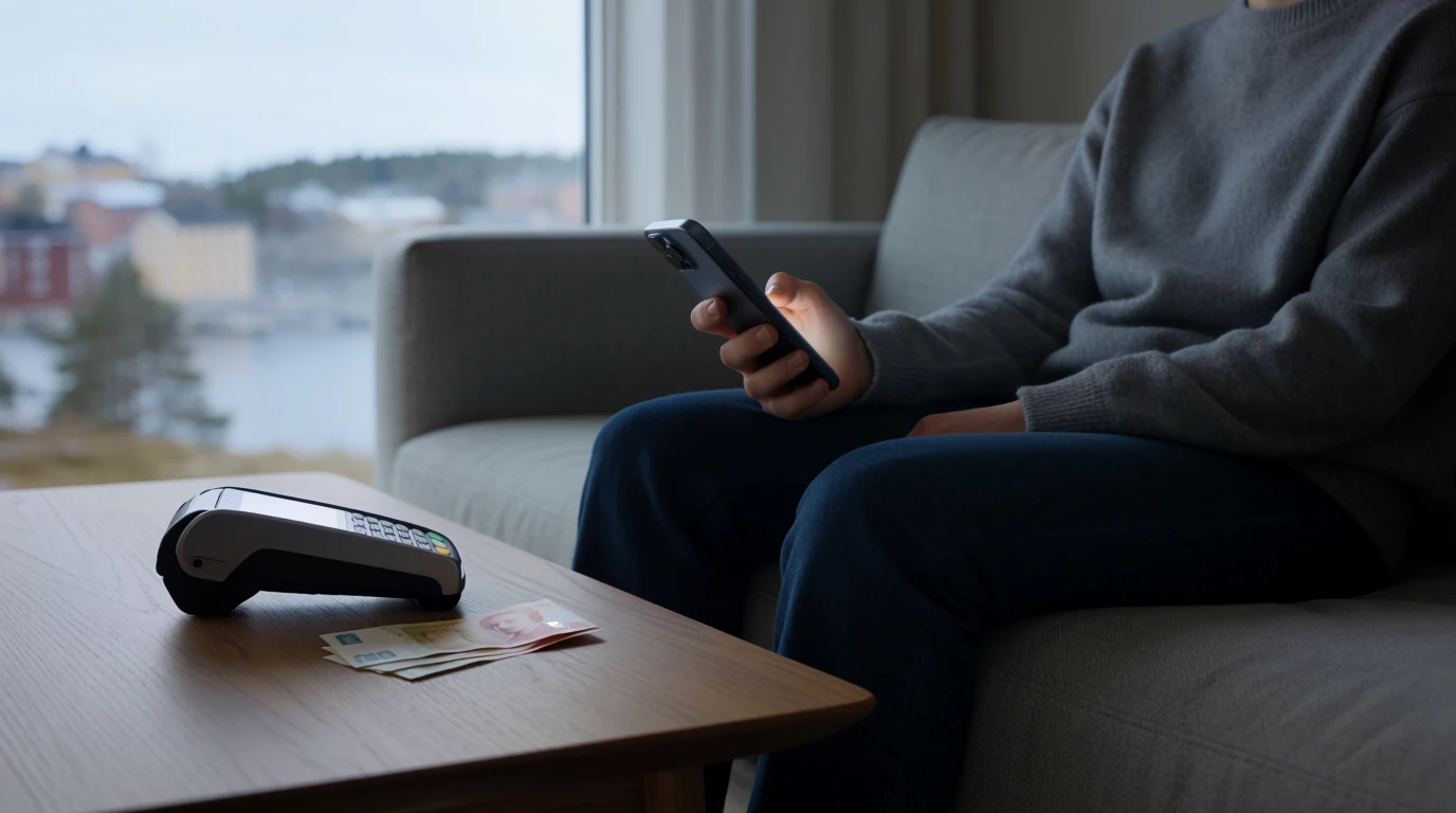 Person i svensk vardagsrum som betalar med mobiltelefon
