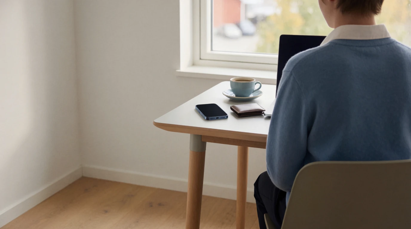Modern svensk hemmakontor med telefon och plånbok, dagligt bankbetalning
