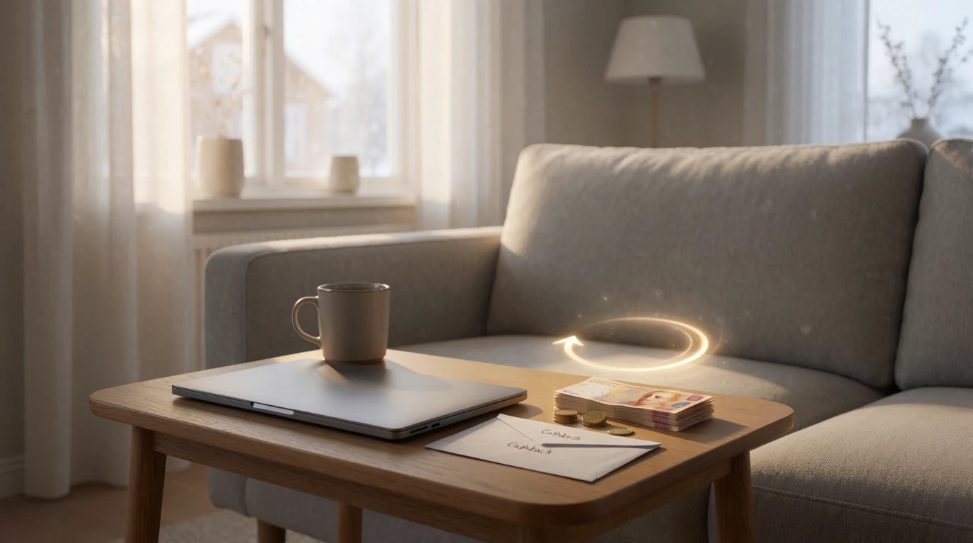 Modernt skandinaviskt vardagsrum med stängd laptop och sedlar som symboliserar cashback från casino