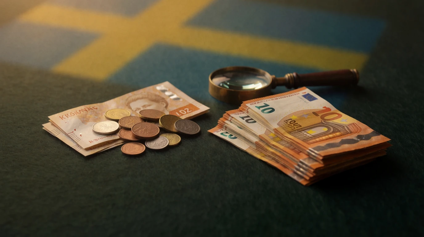 Svenska kronor och euro sedlar på filtyta med förstoringsglas