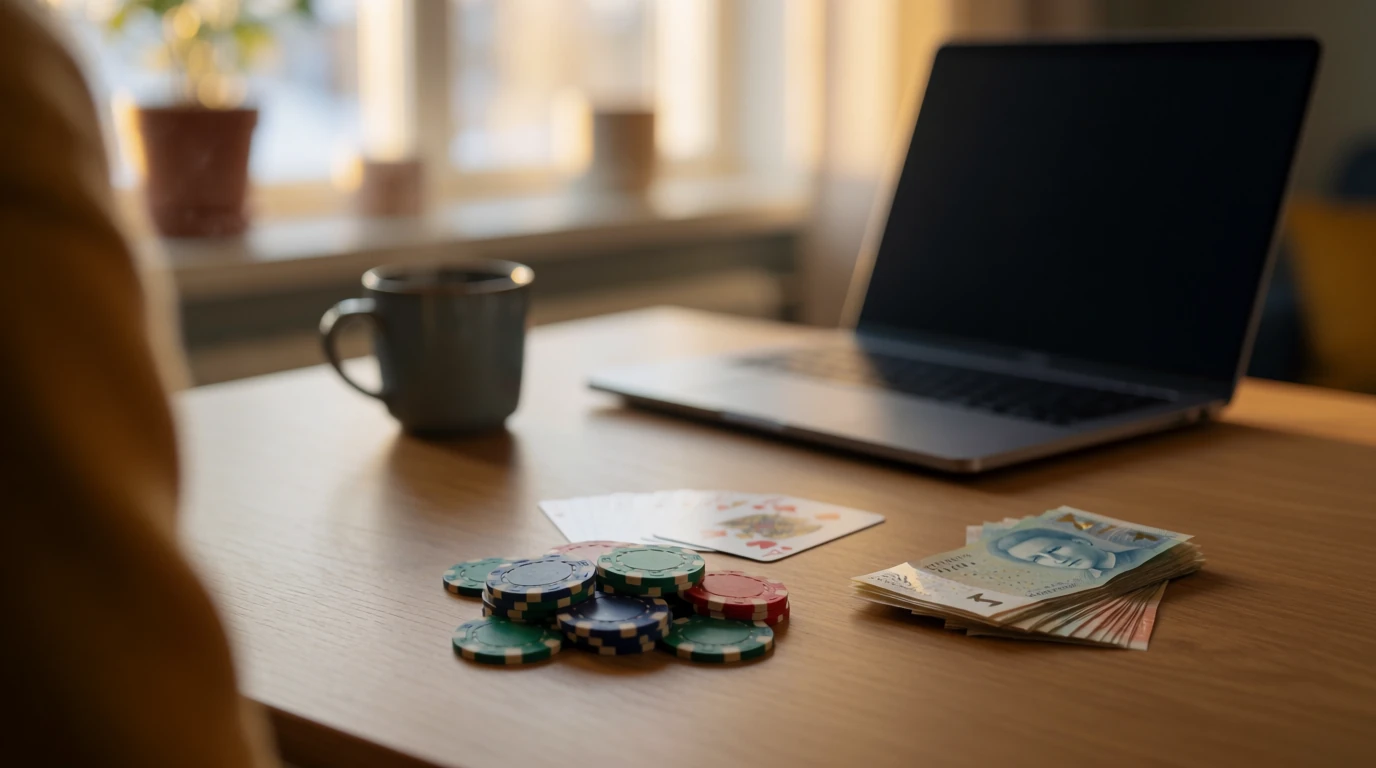 Casinochips, spelkort och svenska kronor på ett träbord i en mysig svensk lägenhet