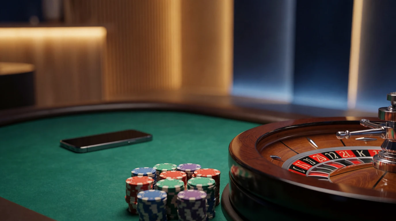 Casinochips och roulettehjul på ett grönt bord med nordisk atmosfär
