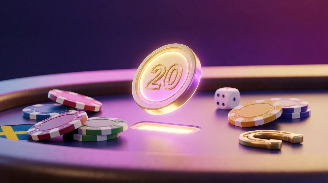 Glänsande casinomynt med nummer 20 ovanför en casinobord med färgglada marker