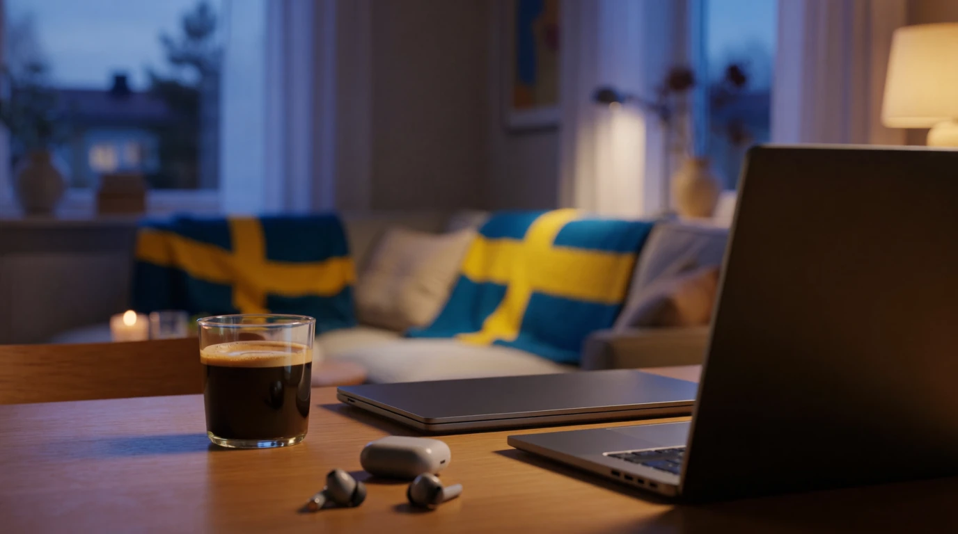 Mysigt vardagsrum i Sverige med kaffe och laptop i skymningsljus