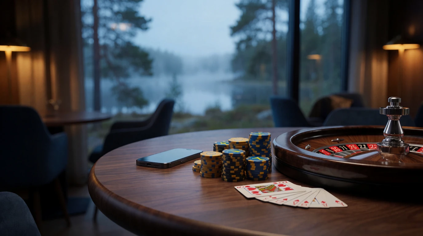 Kasinomiljö med marker, spelkort och roulette på bord med svensk sjöutsikt