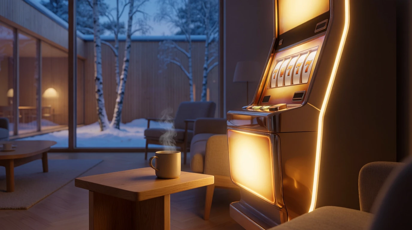 Gyllene spelautomat i ett modernt skandinaviskt vardagsrum med varm belysning