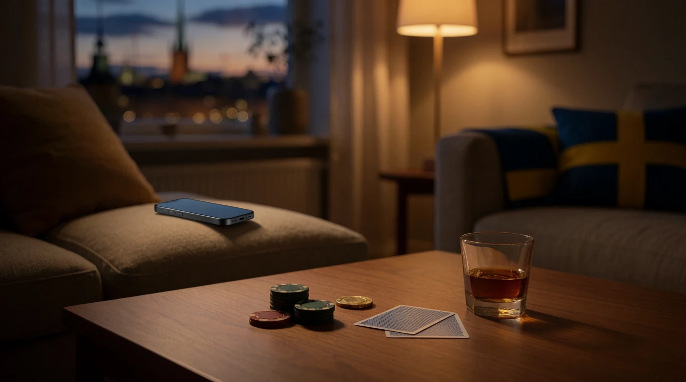 Casinochips och spelkort på soffbord i modern svensk lägenhet