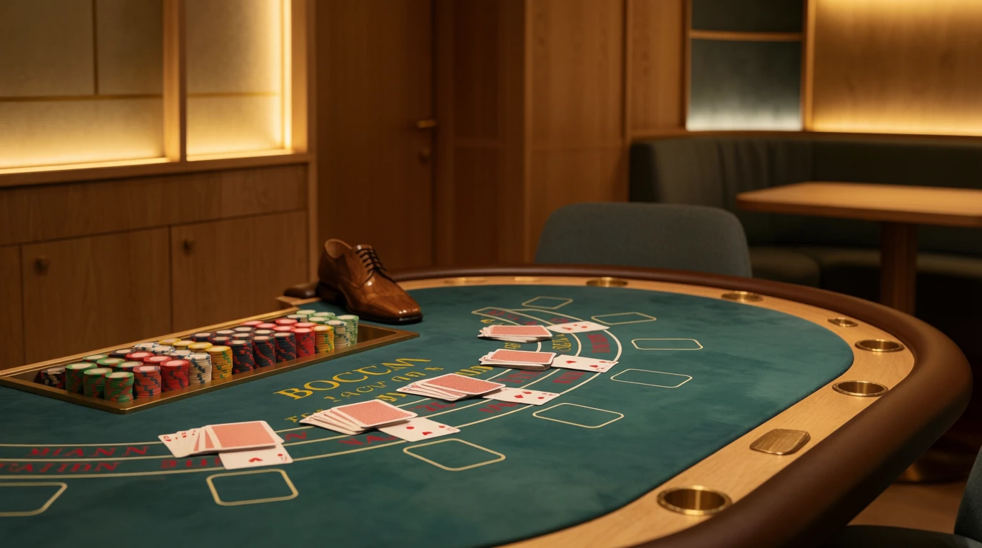 Elegant baccaratbord med casinofärger och spelkort i nordisk stil