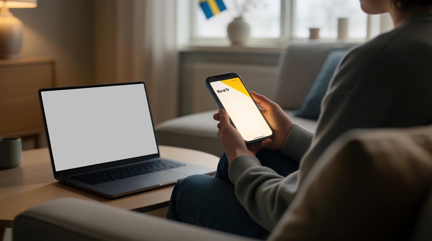 Person i svensk vardagsrum med BankID-verifiering på mobiltelefonen