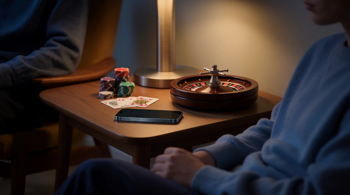 Casinoinspirerad stilleben med marker, kort och roulette