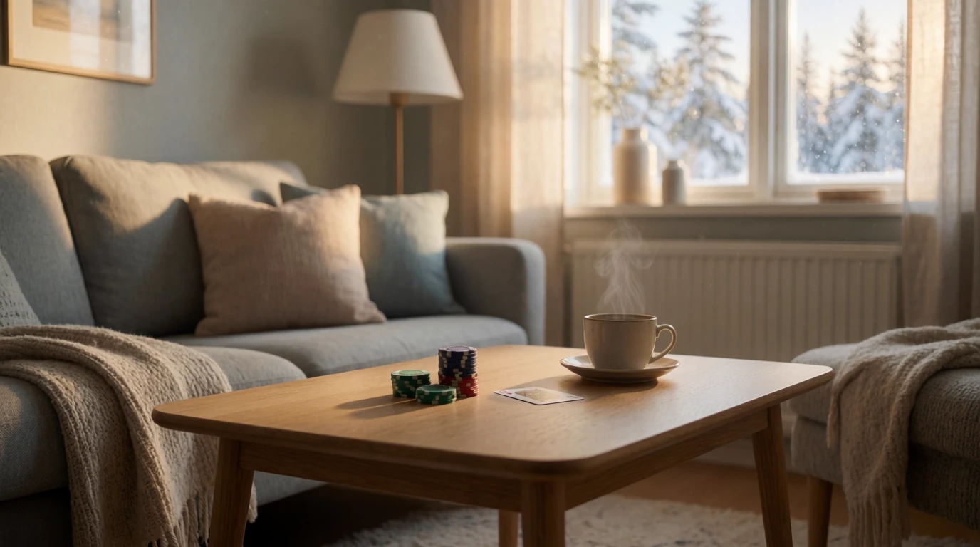 Mysigt skandinaviskt vardagsrum med en liten hög spelmarker och ett spelkort på bordet
