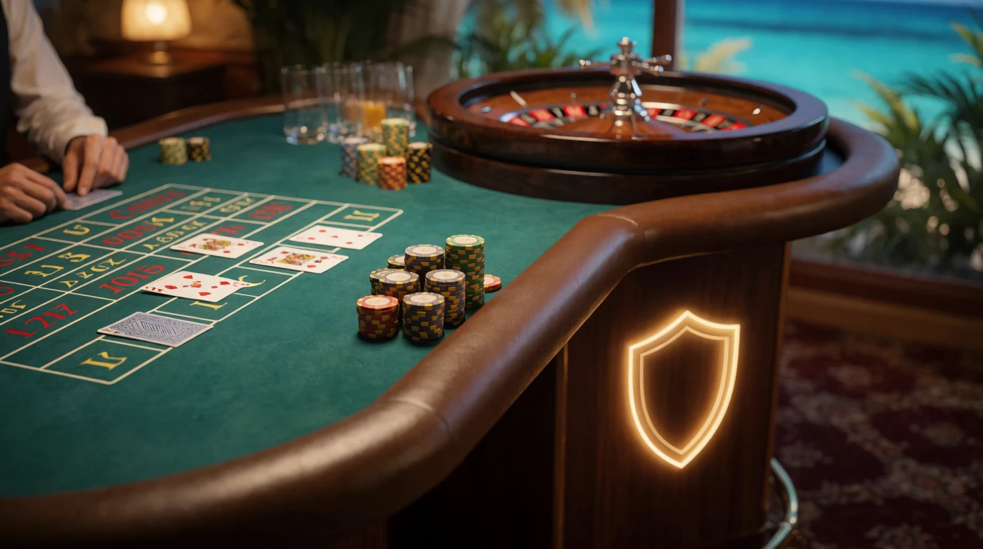 Casinobord med marker, kort och roulette i karibisk atmosfär