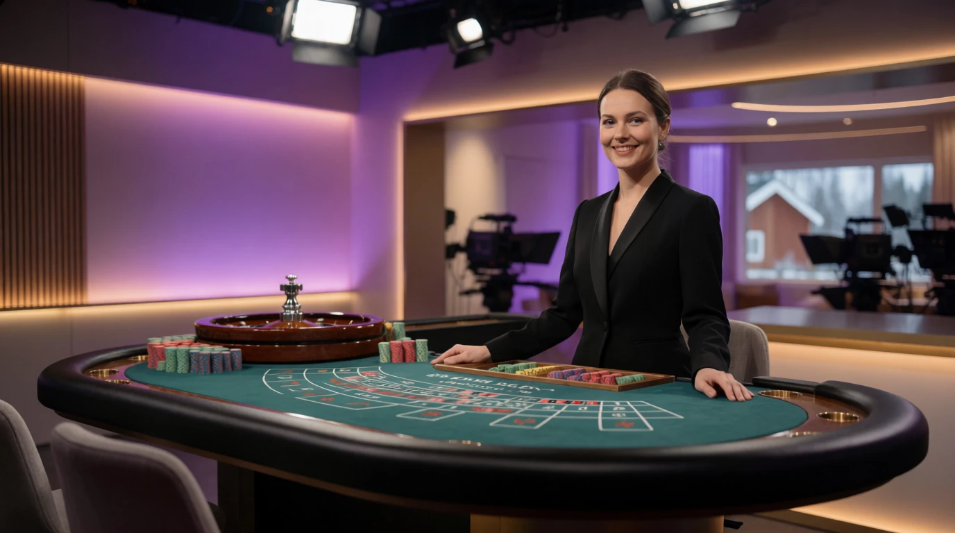 Professionell livecasino-dealer i modern sändningsstudio med roulettebord och marker