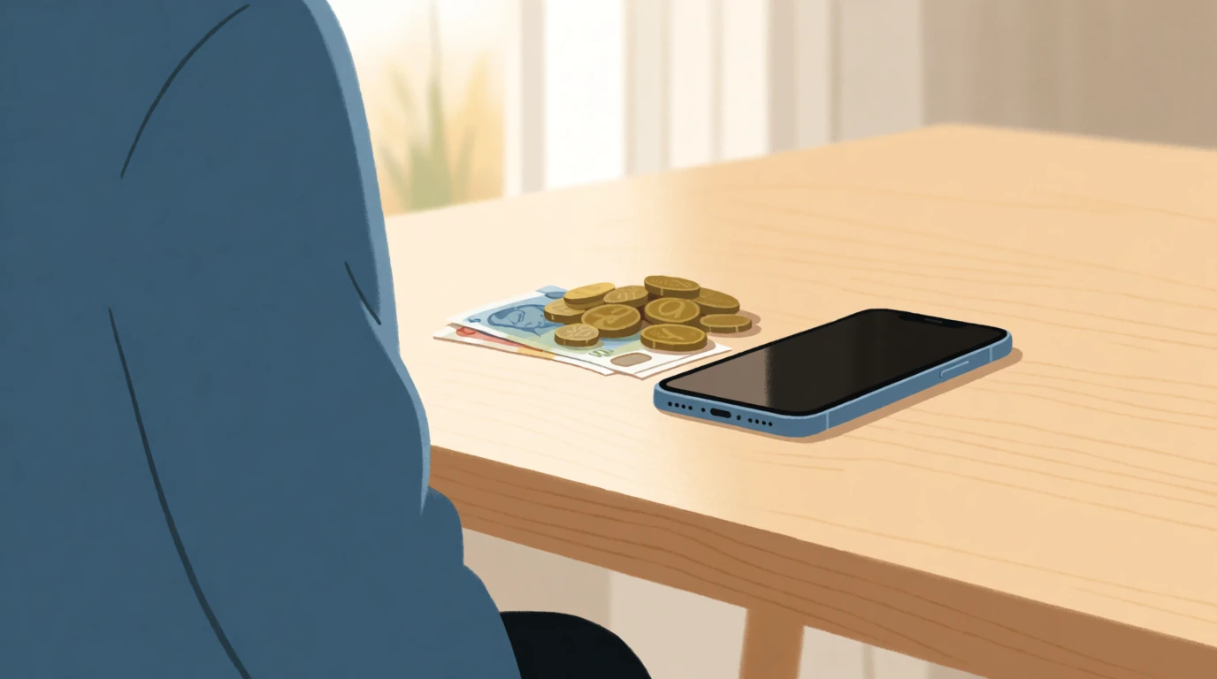 Svenska kronor och en nedvänd smartphone på ett träbord