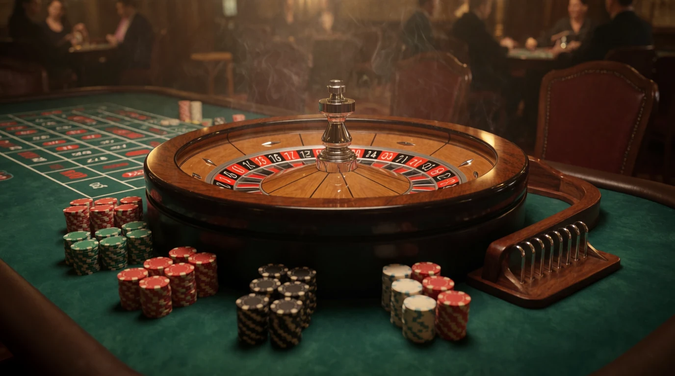 Roulettehjul på grönt casino-bord med färgglada marker