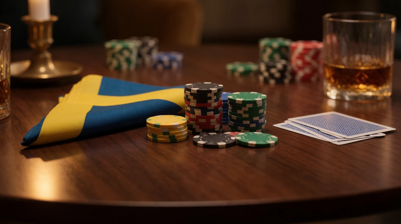 Staplade casinofickor och spelkort på ett mörkt träbord med svensk flagga