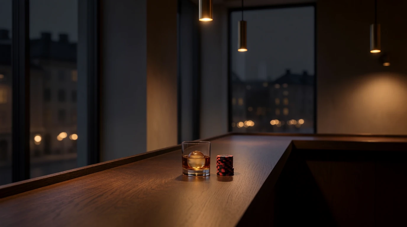 Elegant skandinavisk bar med casinokulor i varm belysning
