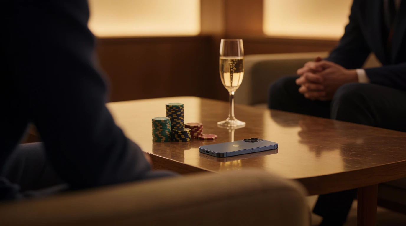 Elegant svensk loungemiljö med casinofärgade marker och ett avstängt bord