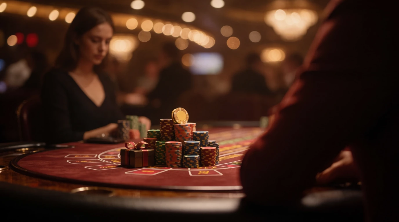 Färgglada casinotokens och en guldtäck på ett bord