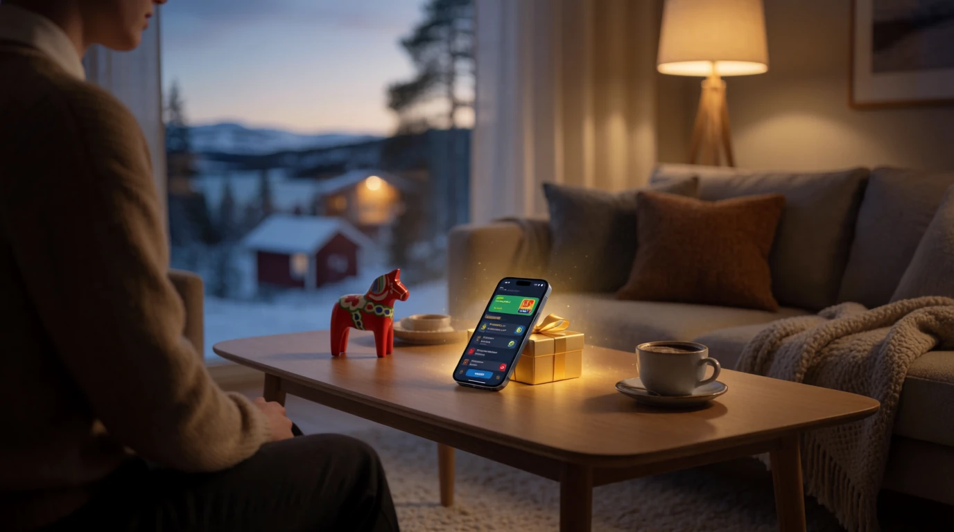 Svenskt vardagsrum med smartphone och välkomstbonus utan insättning