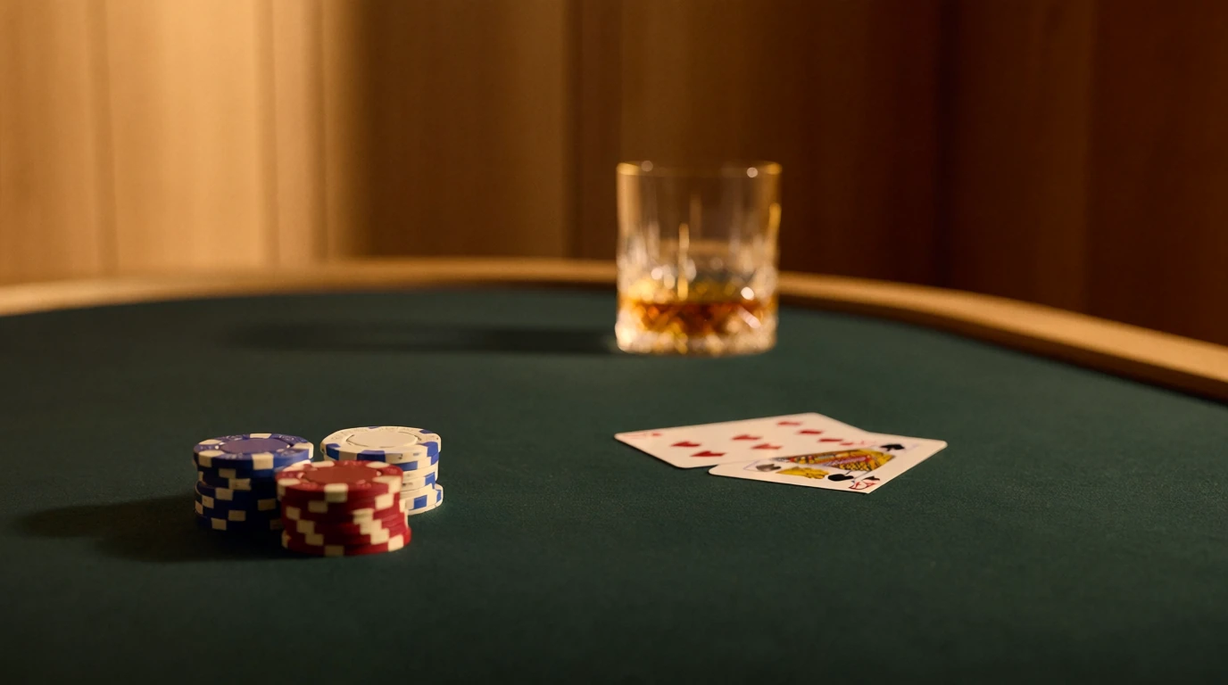 Elegant casinobord med färgglada marker och spelkort i en avslappnad svensk atmosfär.