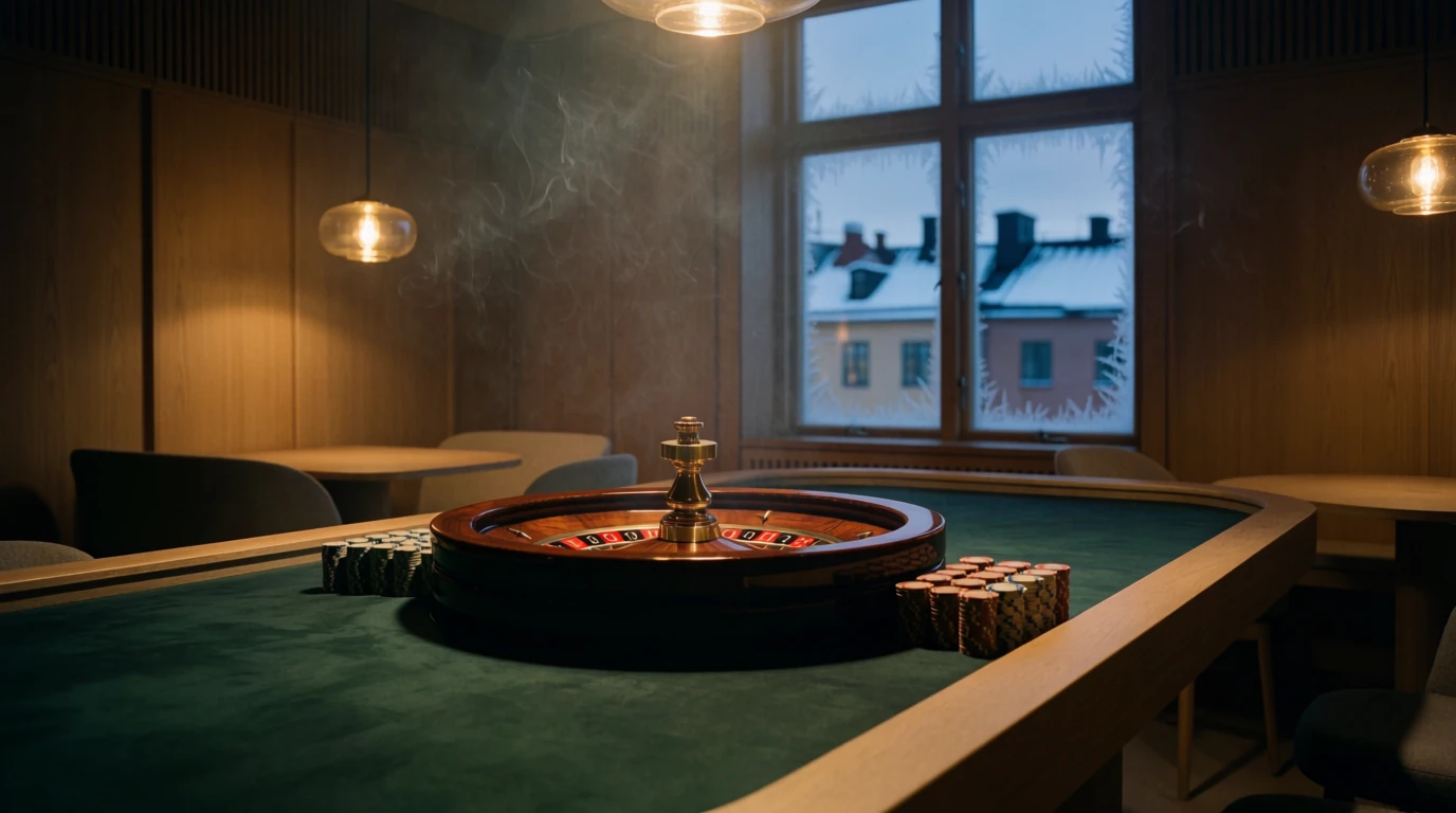 Skandinavisk casinomiljö med roulettehjul och insatser i Stockholm
