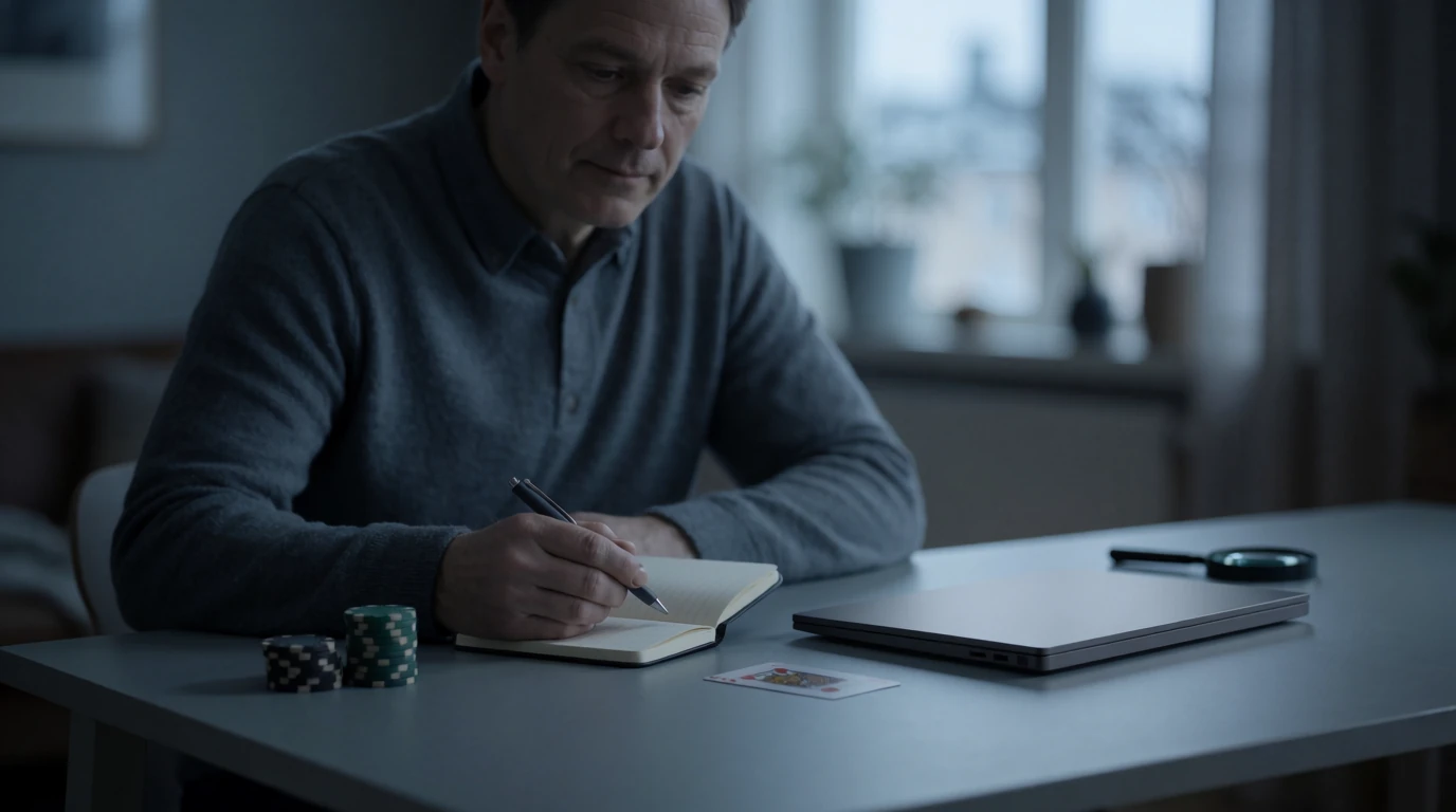 Man som granskar information om casinon utomlands vid ett skrivbord
