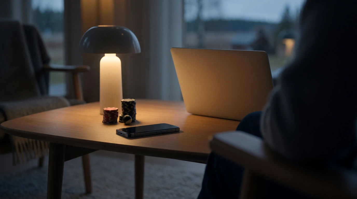 Mörkt vardagsrum med stängd telefon, spelmarker och roulettboll på bordet