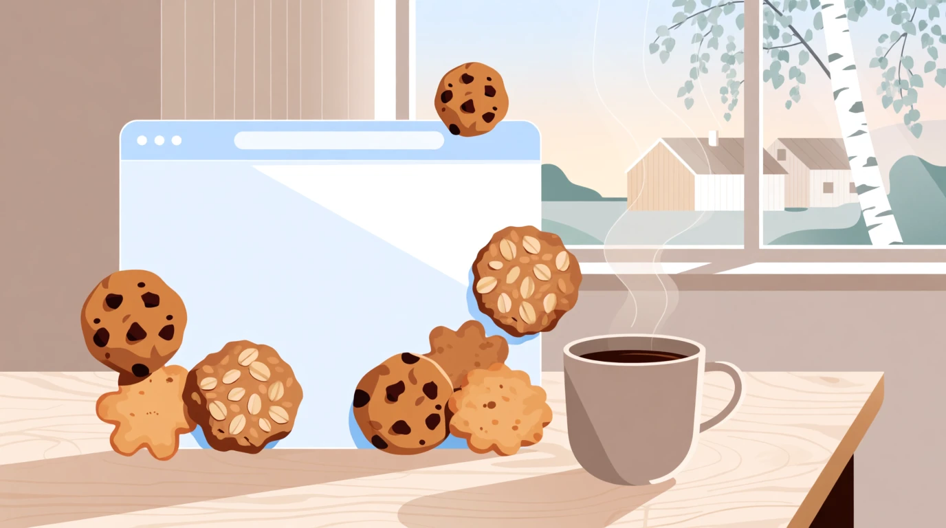 Webbläsarfönster med kakor och en kopp kaffe på ett skandinaviskt skrivbord