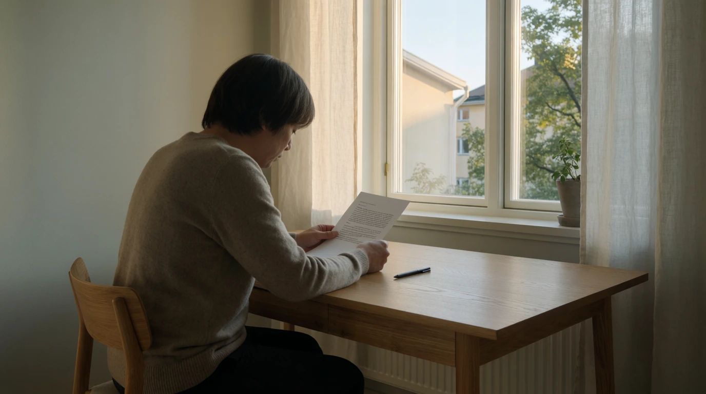 Person som läser ett ansvarsfriskrivningsdokument vid ett skrivbord