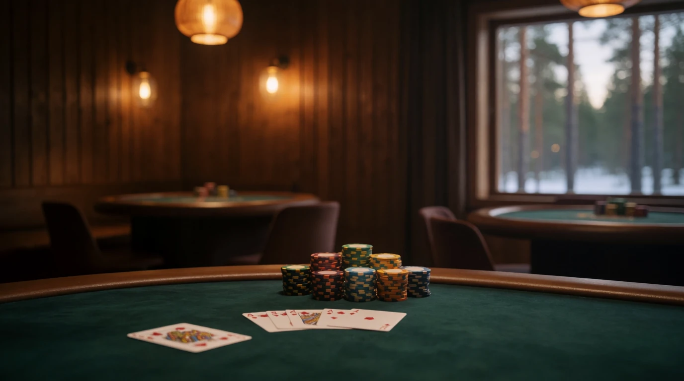 Färgglada casinokort och marker på grönt filtbord i mysig svensk casinomiljö