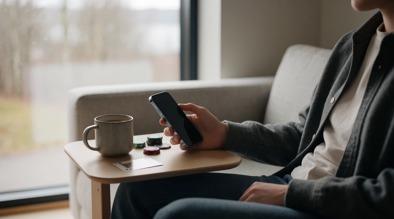 Svensk person med smartphone i modern lägenhet med casinotema