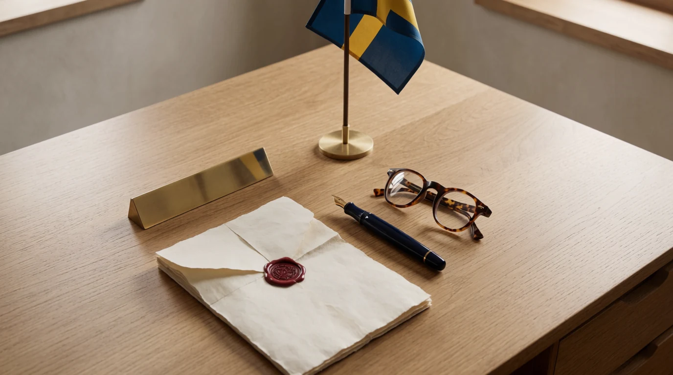 Skrivbord med stämpel, dokument och penna i nordisk redaktionell stil