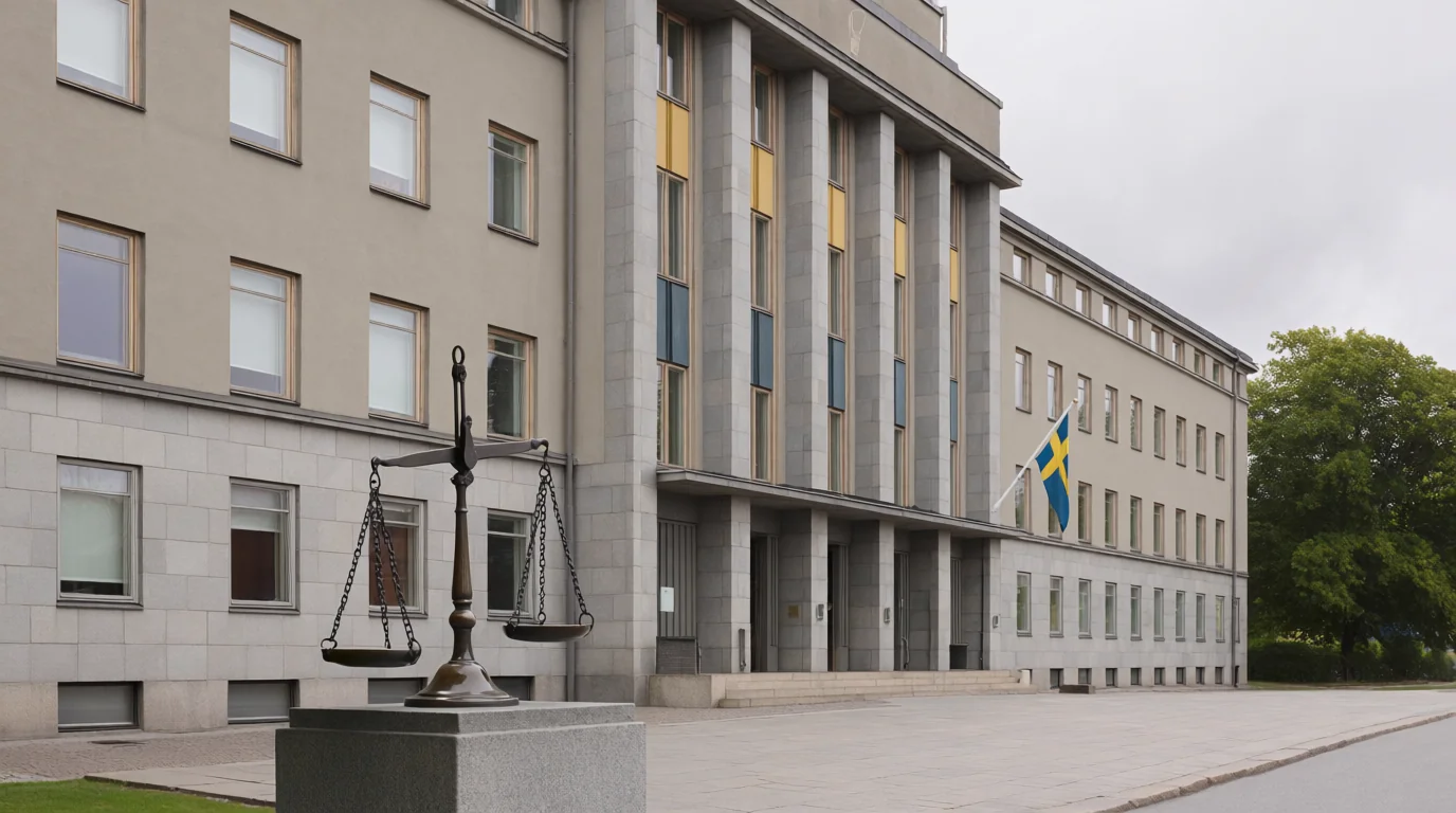 Svensk tillsynsbyggnad med vågskål som symbol för spellicensiering och reglering