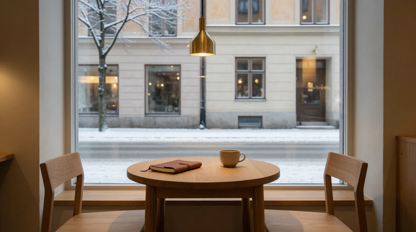 Tomt kaféhörn med anteckningsbok och kaffekopp vid fönster