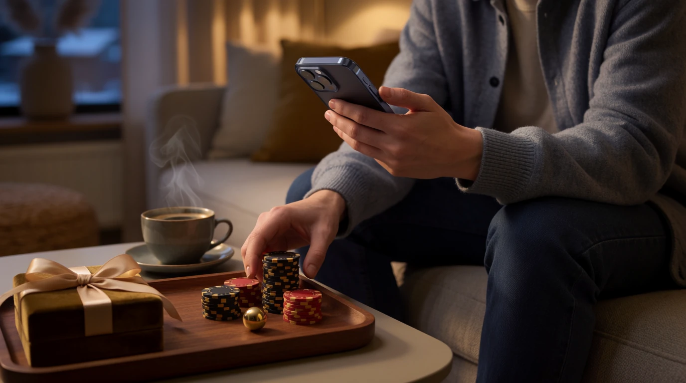Person med telefon och casinofigurer i ett mysigt vardagsrum