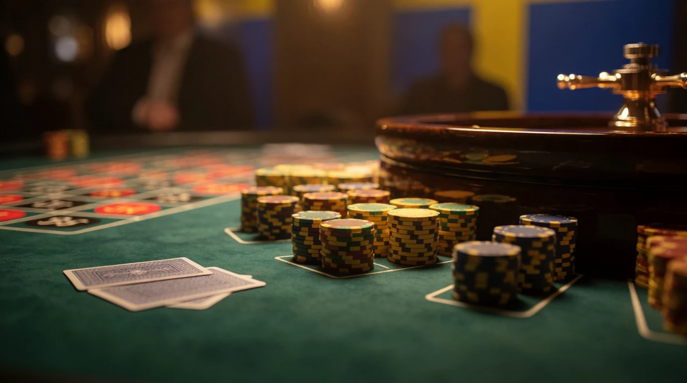 Elegant casinobord med marker, kort och svensk flagga