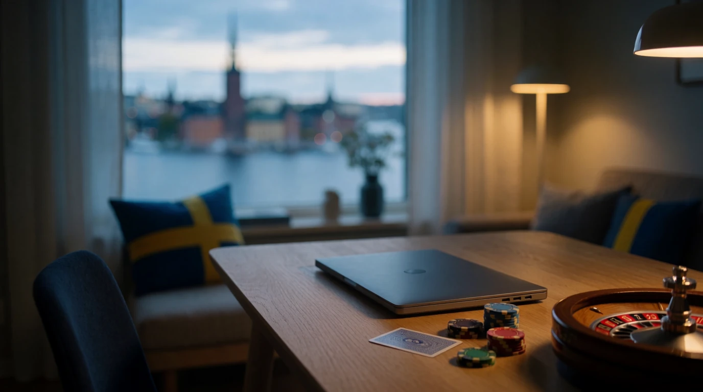 Casinoattiraljer på skrivbord i svensk lägenhet med Stockholmsutsikt