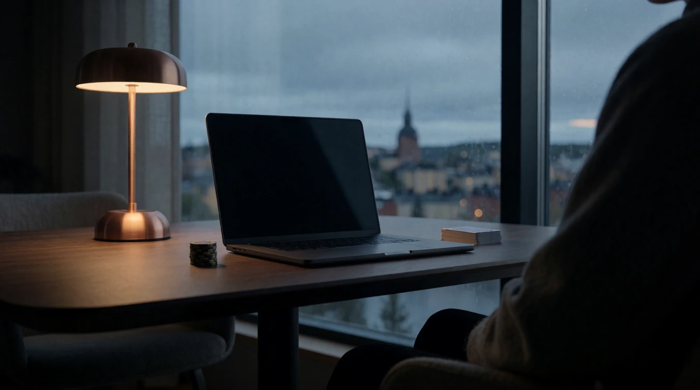 Svensk heminteriär med mörk laptop, casinolepp och kortlek vid fönster med stadsutsikt