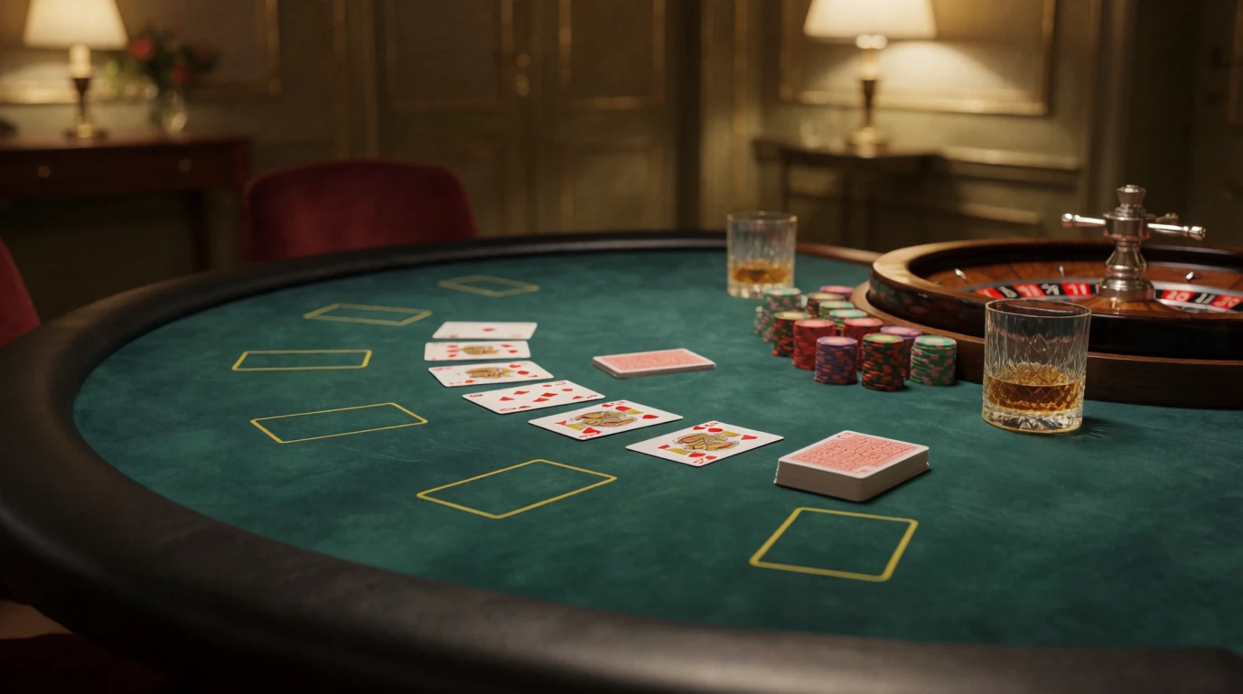 Elegant casinobord med kort, marker och roulette i varm belysning