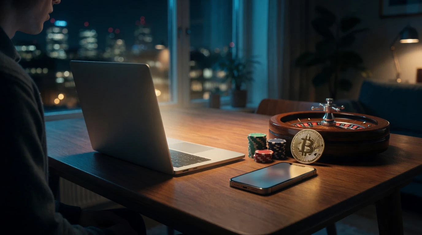 Skandinavisk spelare vid bord med pokermarker, rouletthjul och bitcoin-mynt