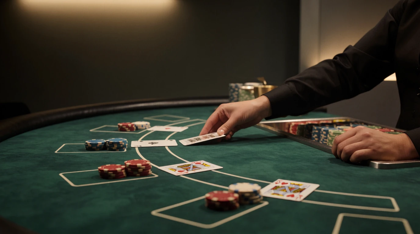 Professionellt blackjackbord med marker och utdelade kort i dämpad studioljussättning