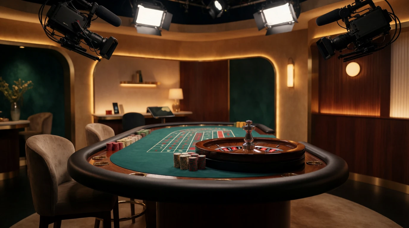 Professionell live casino-studio med grönt filtbord, casinofigurer och varm belysning