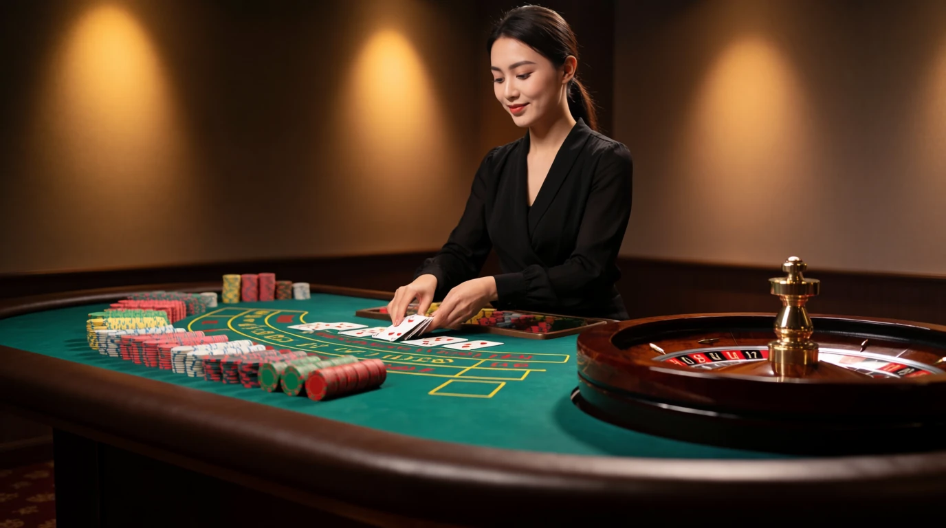 Live dealer vid blackjackbord i studio