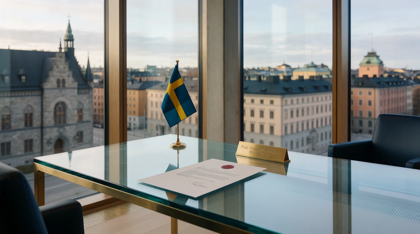 Officiellt dokument och svensk flagga på skrivbord i modern kontorsmiljö