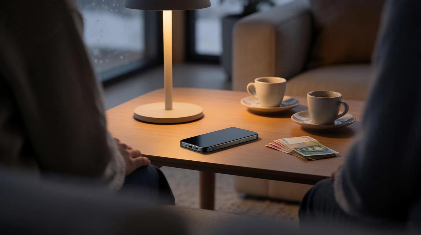Modernt svenskt vardagsrum med telefon och kronorsedlar på bordet