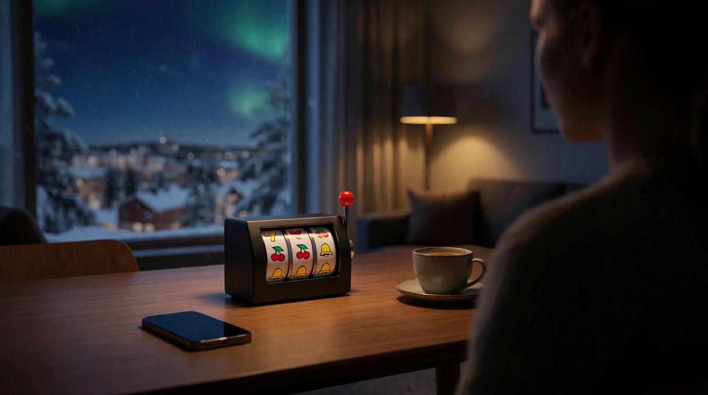 Fysisk spelautomat i modern svensk lägenhet med norrsken utanför fönstret
