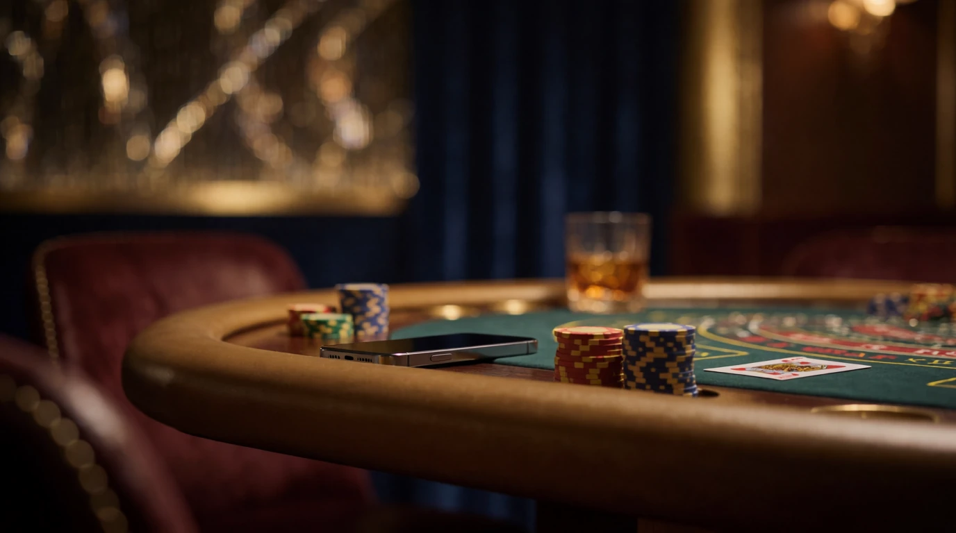 Elegant casinobord med färgglada marker och ett ansiktsnedåtvänt kort i svensk spelsalong